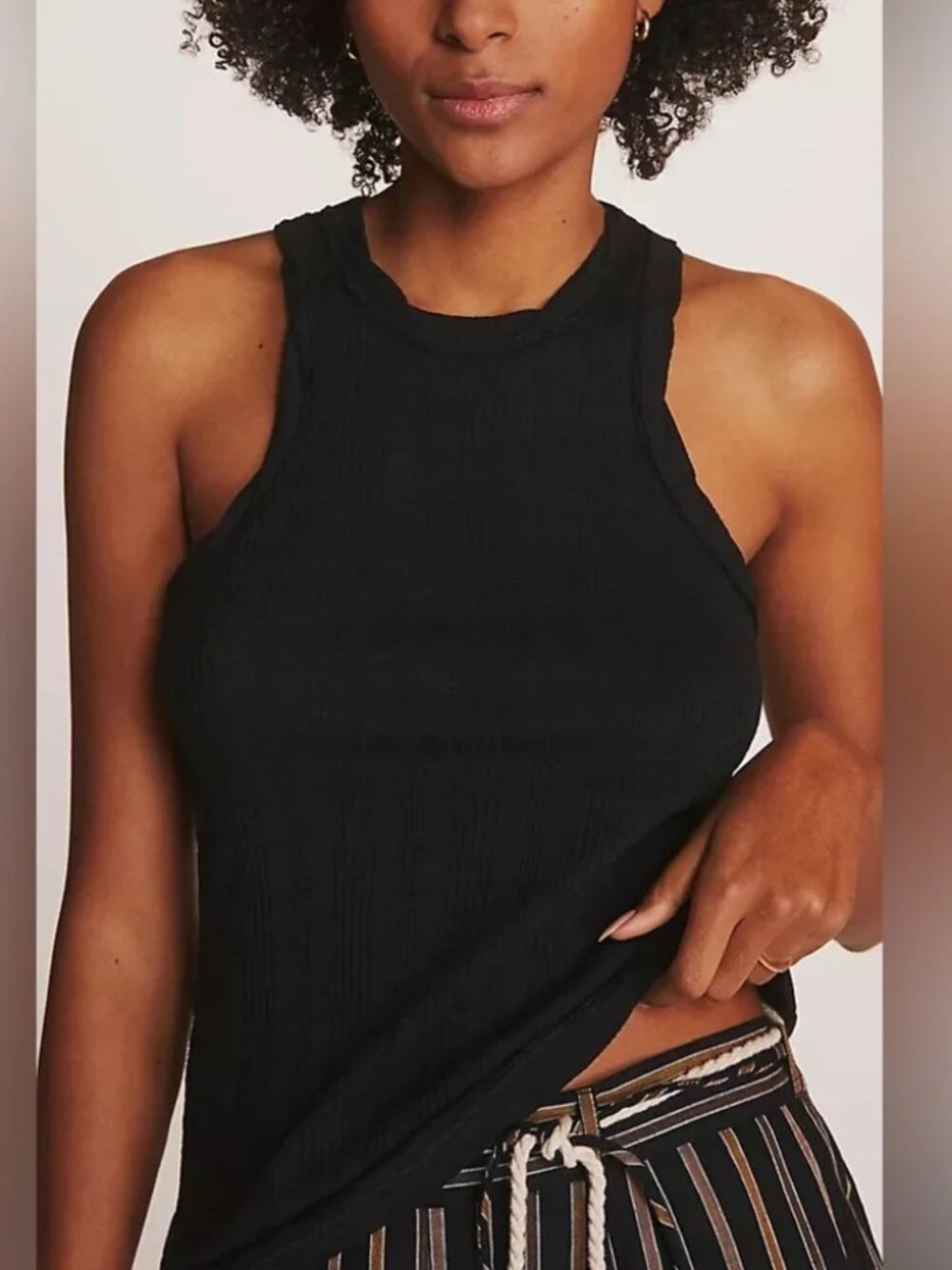 Pilcro Ribbed Cotton Blend Crew Neck Racerback Stretch Tank Boho in Black LP